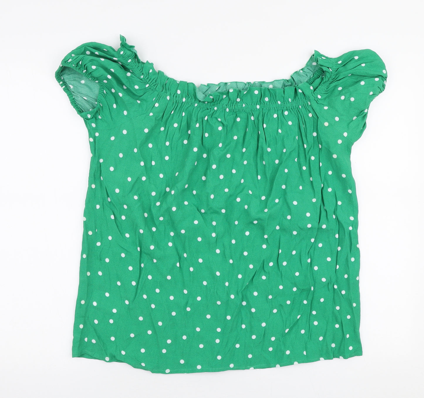 Preworn Womens Green Polka Dot Viscose Basic Blouse Size 14 Off the Shoulder