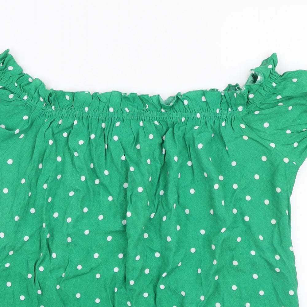 Preworn Womens Green Polka Dot Viscose Basic Blouse Size 14 Off the Shoulder
