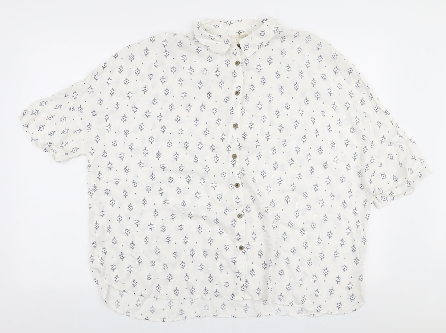 Linea Womens White Geometric Viscose Basic Blouse Size 14 Collared
