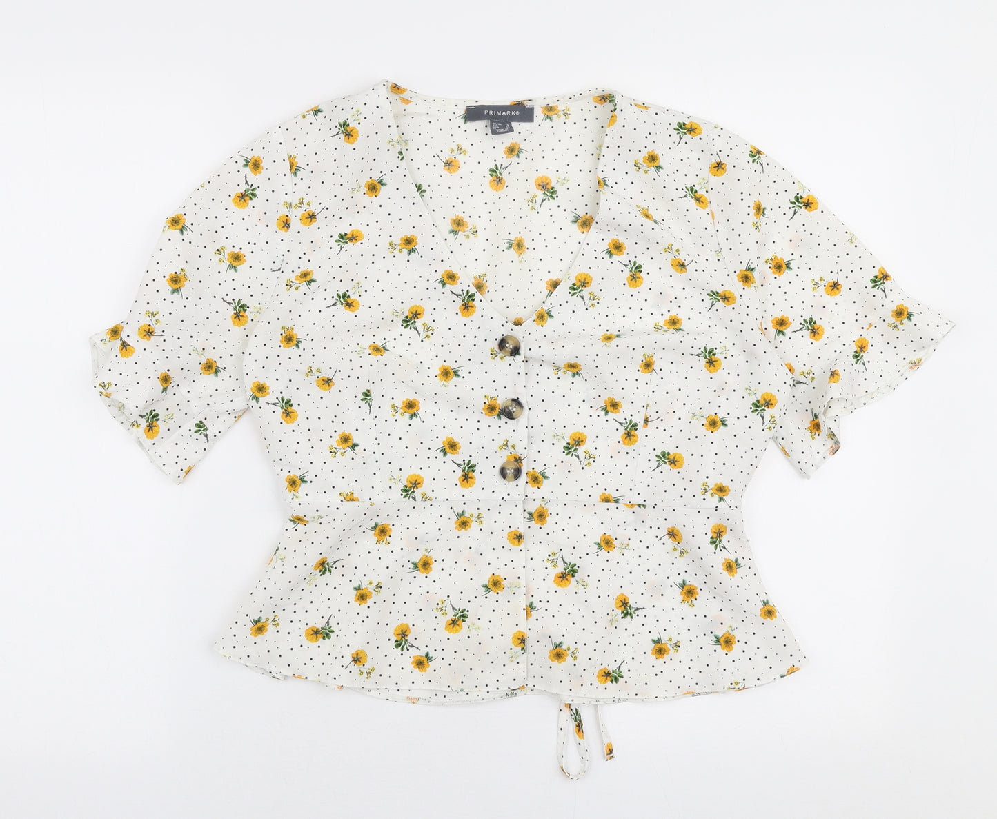 Primark Womens White Floral Polyester Basic Blouse Size 14 V-Neck
