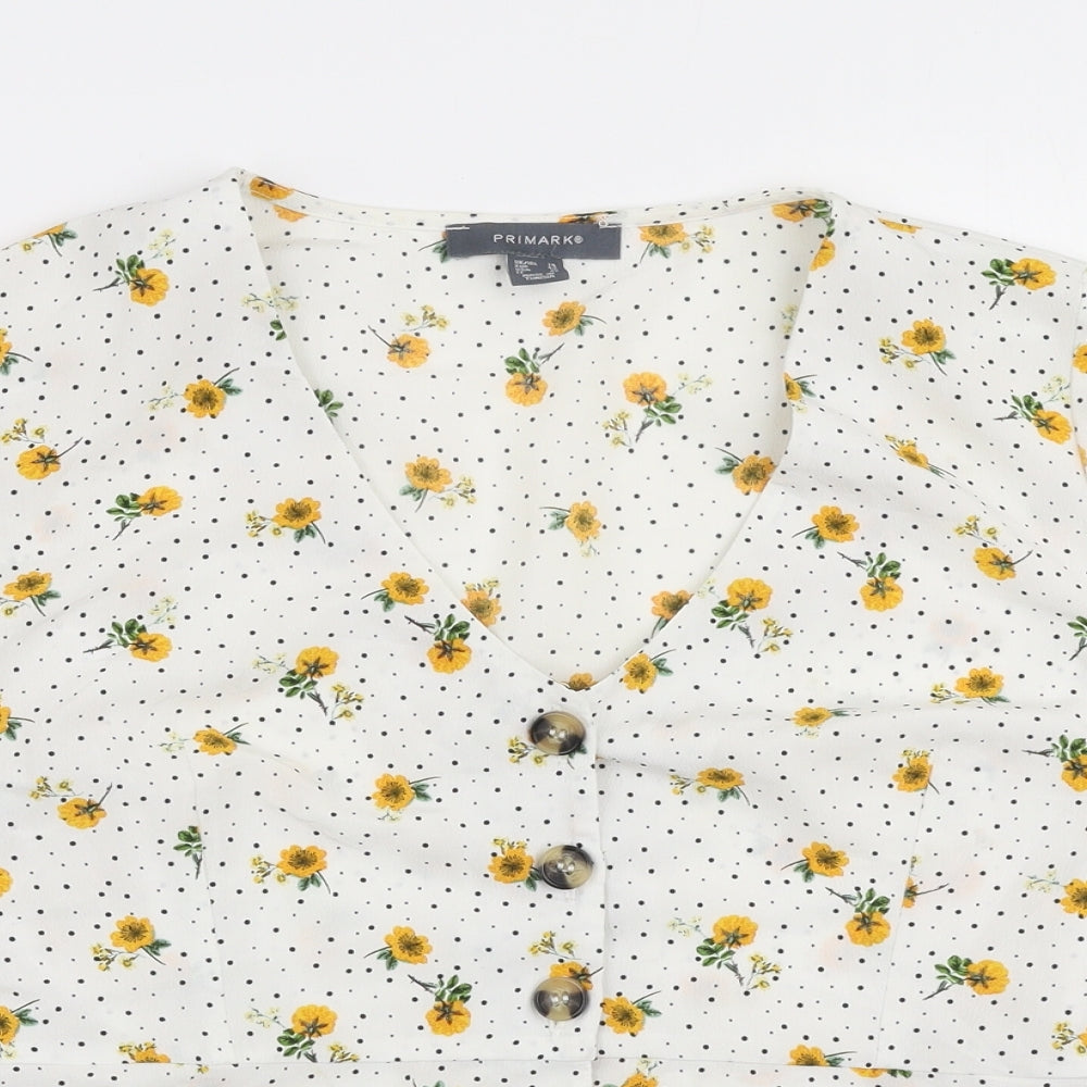 Primark Womens White Floral Polyester Basic Blouse Size 14 V-Neck