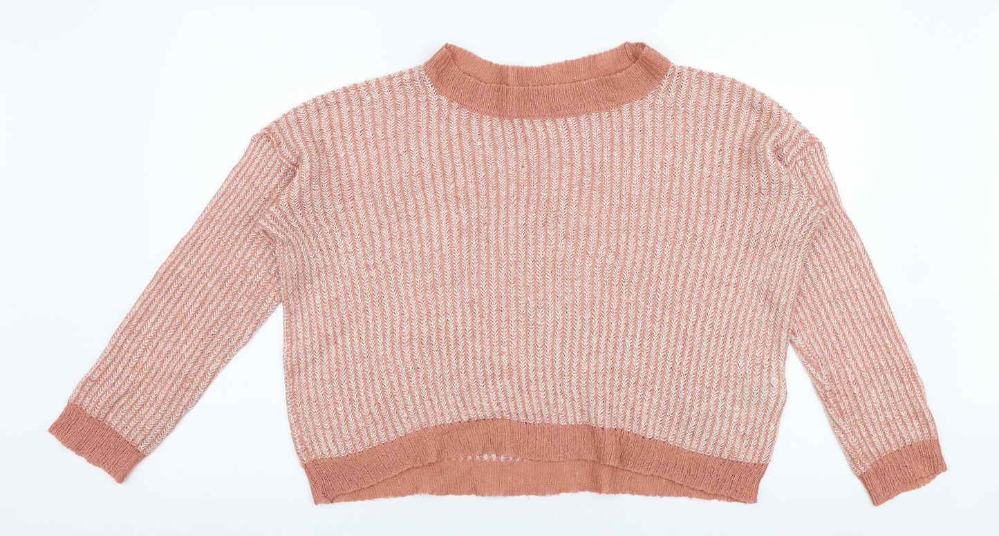 Jacqueline De Yong Womens Pink Round Neck Striped Acrylic Pullover Jumper Size M