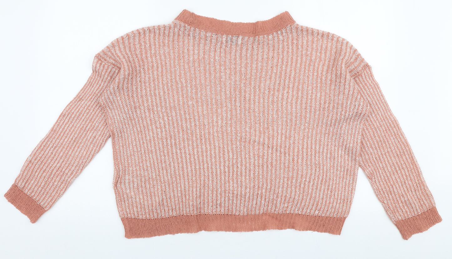 Jacqueline De Yong Womens Pink Round Neck Striped Acrylic Pullover Jumper Size M