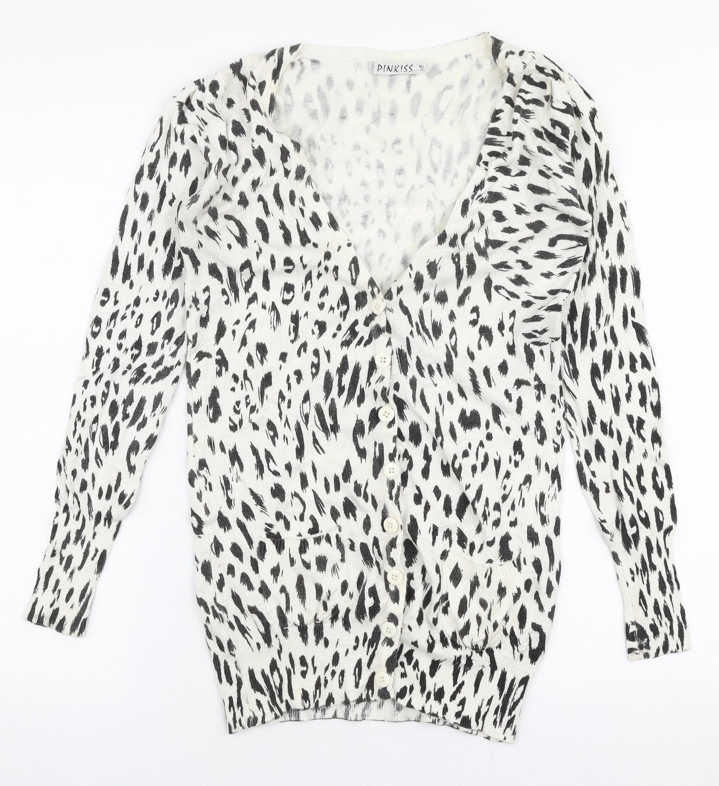 Pinkiss Womens White V-Neck Animal Print Viscose Cardigan Jumper Size M