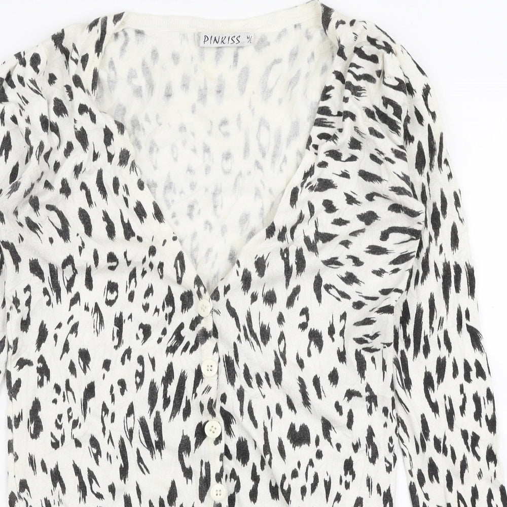 Pinkiss Womens White V-Neck Animal Print Viscose Cardigan Jumper Size M
