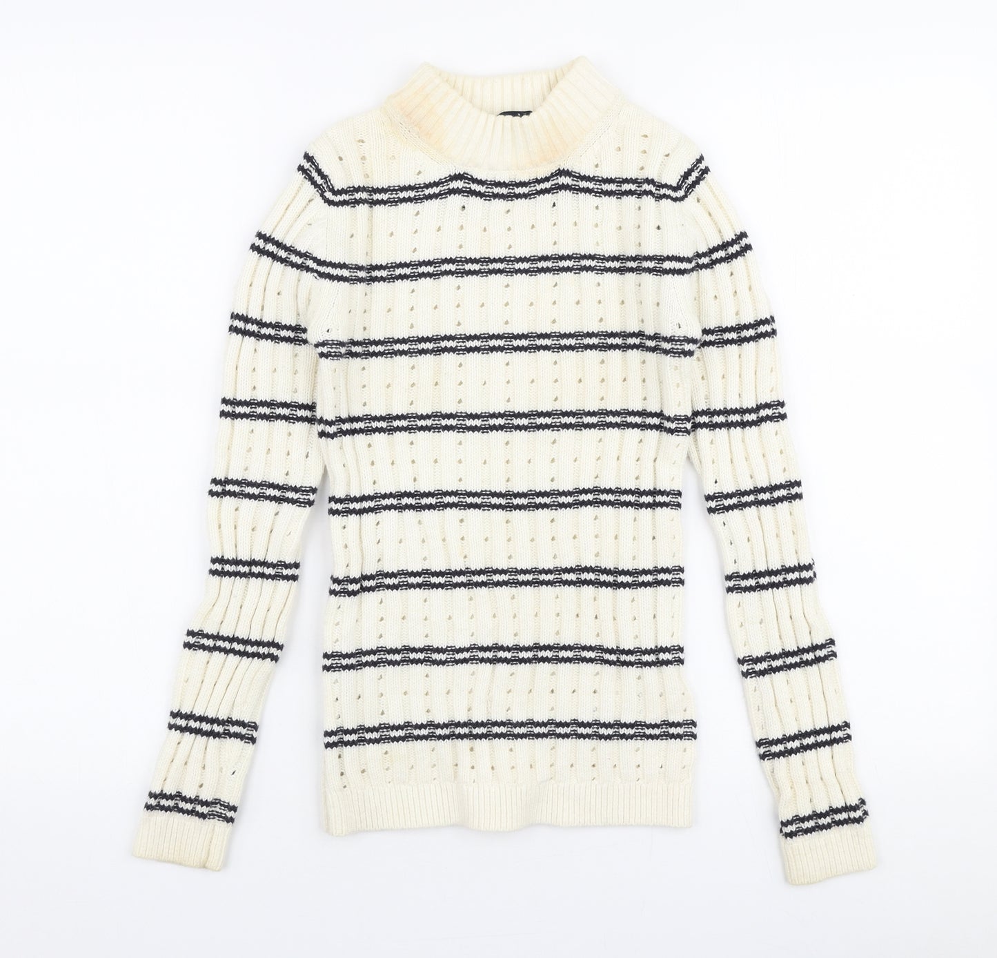 French Connection Womens White High Neck Striped Cotton Pullover Jumper Size S