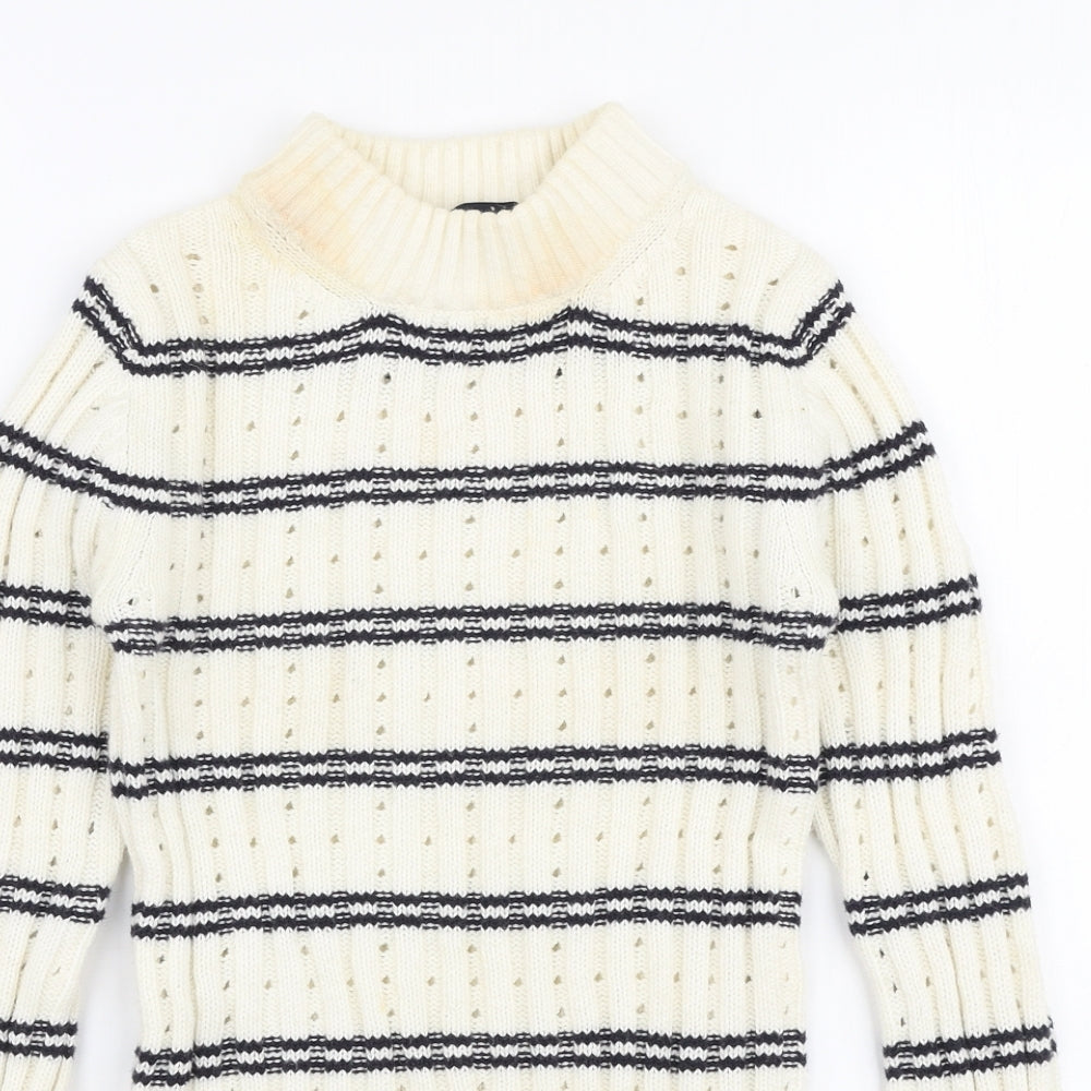 French Connection Womens White High Neck Striped Cotton Pullover Jumper Size S