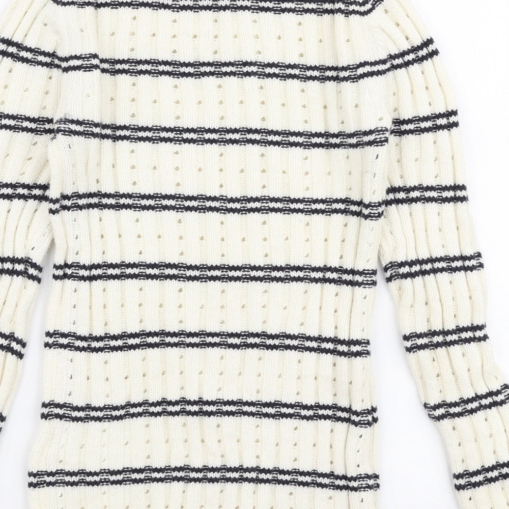 French Connection Womens White High Neck Striped Cotton Pullover Jumper Size S