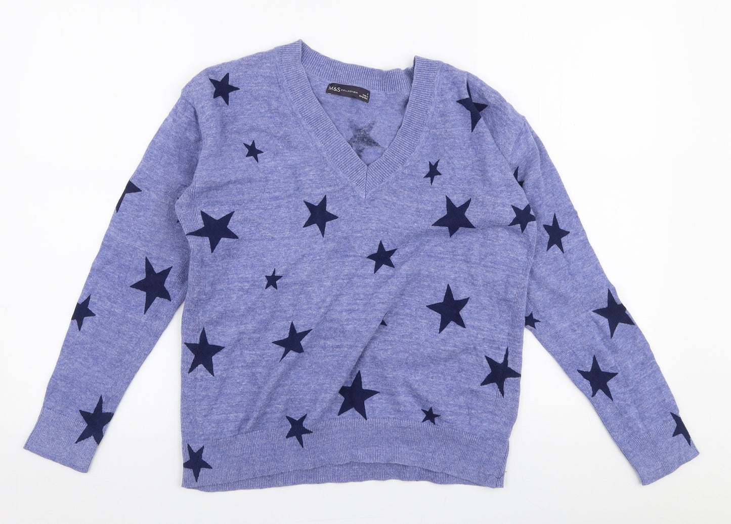 Marks and Spencer Womens Blue Boat Neck  Cotton Pullover Jumper Size S   - Stars