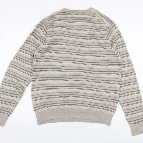 Marks and Spencer Mens Beige V-Neck Striped Viscose Pullover Jumper Size L