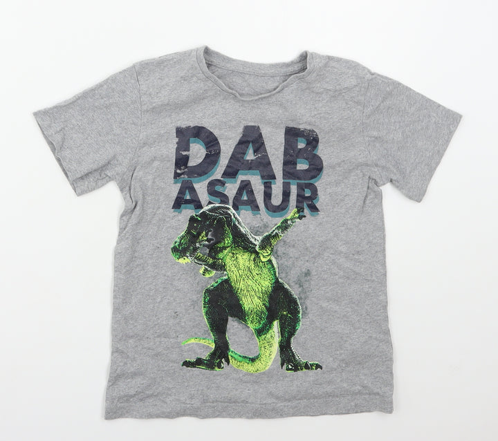 Preworn Boys Grey Cotton Basic T-Shirt Size 7-8 Years Crew Neck Pullover - Dabasaur