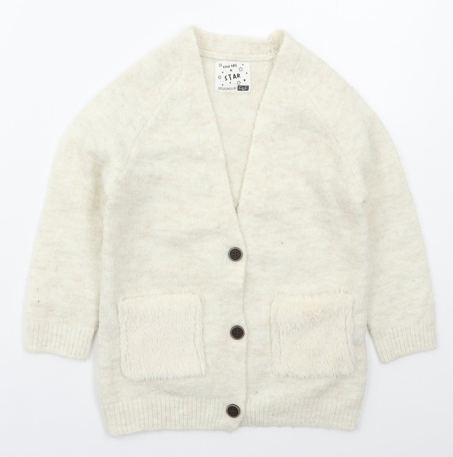 F&F Girls Beige V-Neck  Acrylic Cardigan Jumper Size 3-4 Years  Button
