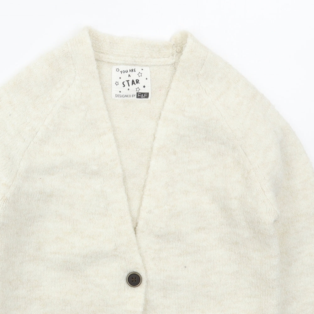 F&F Girls Beige V-Neck  Acrylic Cardigan Jumper Size 3-4 Years  Button