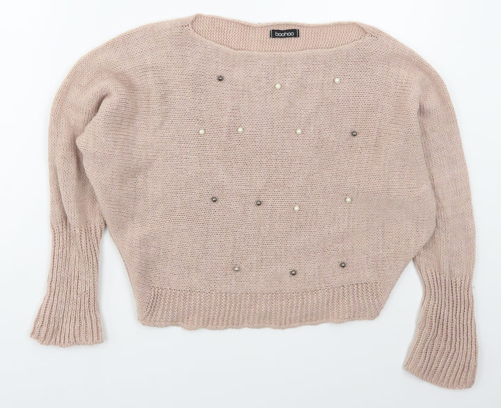 Boohoo Womens Pink Boat Neck Acetate Pullover Jumper Size S