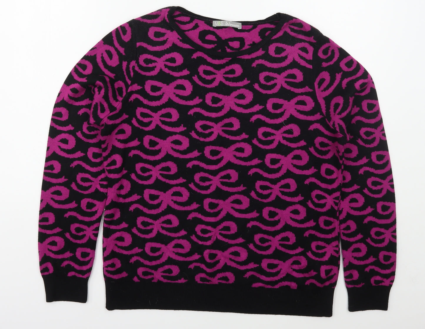 Marks and Spencer Womens Black Crew Neck Geometric Acrylic Pullover Jumper Size 14   - Pink Bows