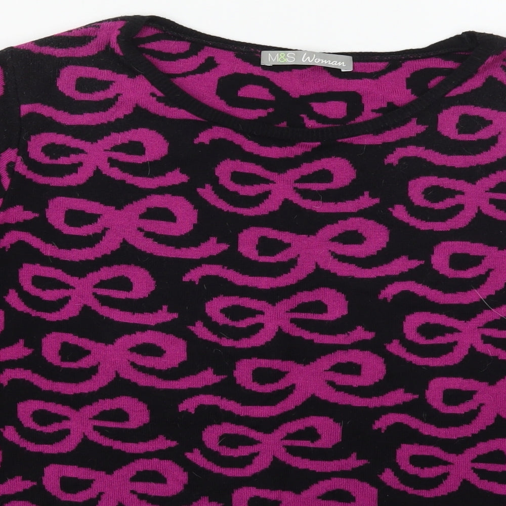 Marks and Spencer Womens Black Crew Neck Geometric Acrylic Pullover Jumper Size 14   - Pink Bows