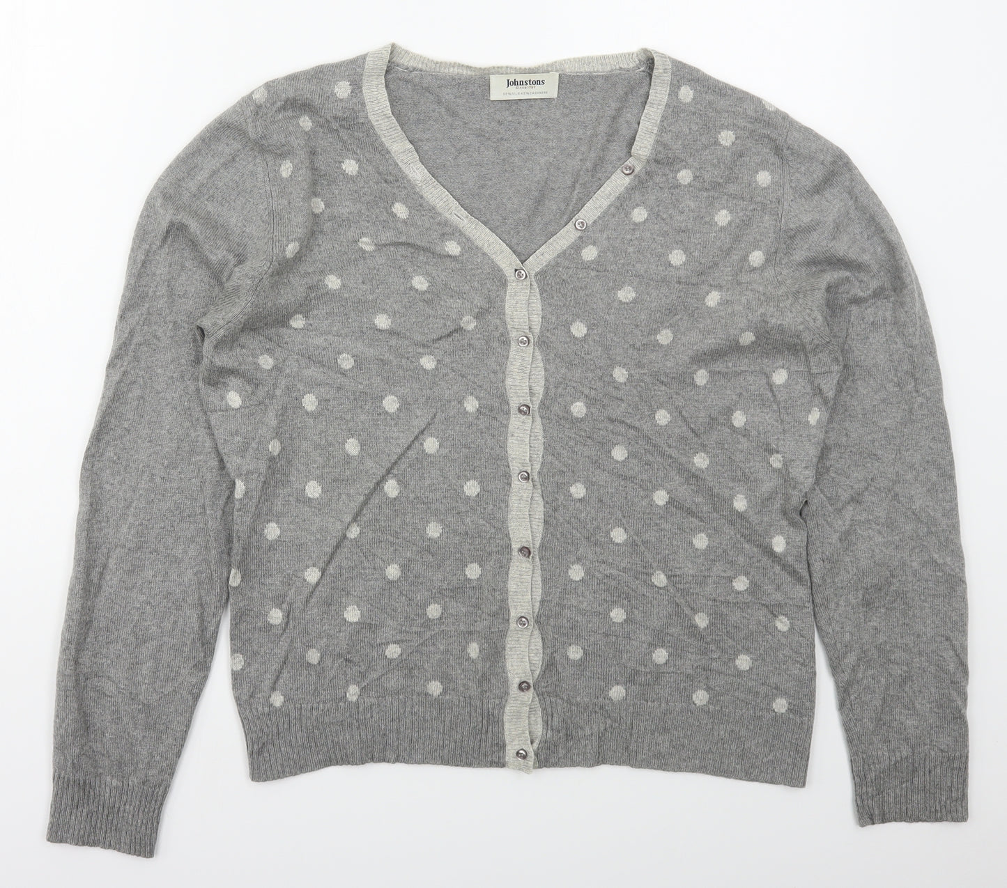 Johnstons Womens Grey V-Neck Polka Dot Silk Cardigan Jumper Size L