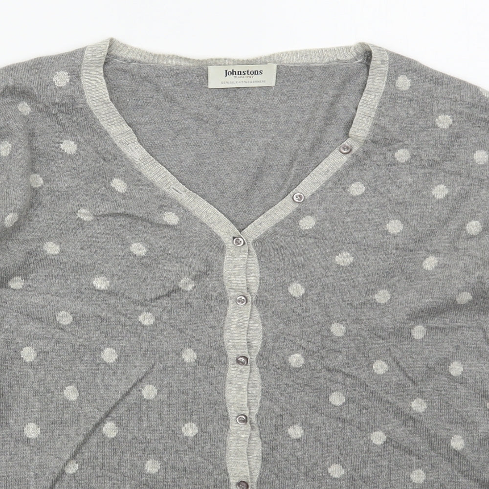 Johnstons Womens Grey V-Neck Polka Dot Silk Cardigan Jumper Size L