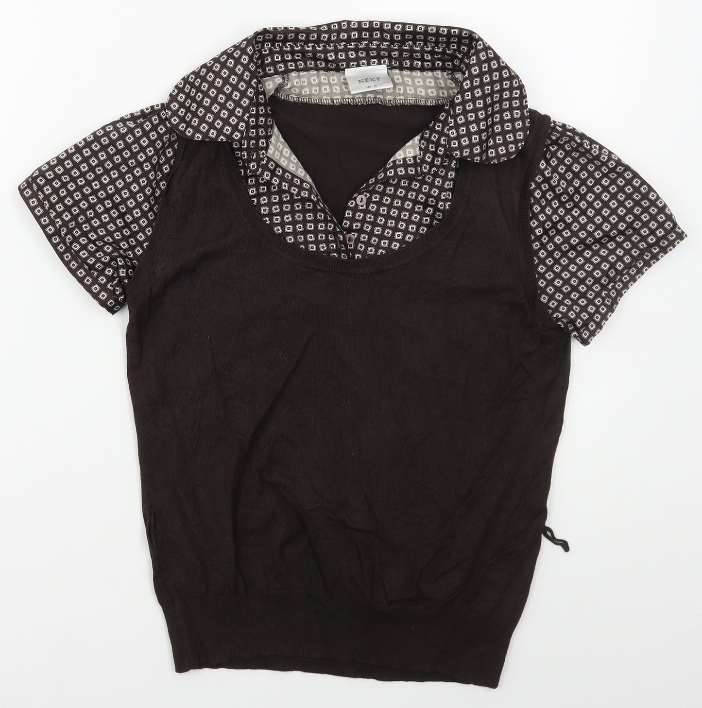 NEXT Womens Brown Collared Geometric Viscose Vest Jumper Size 12