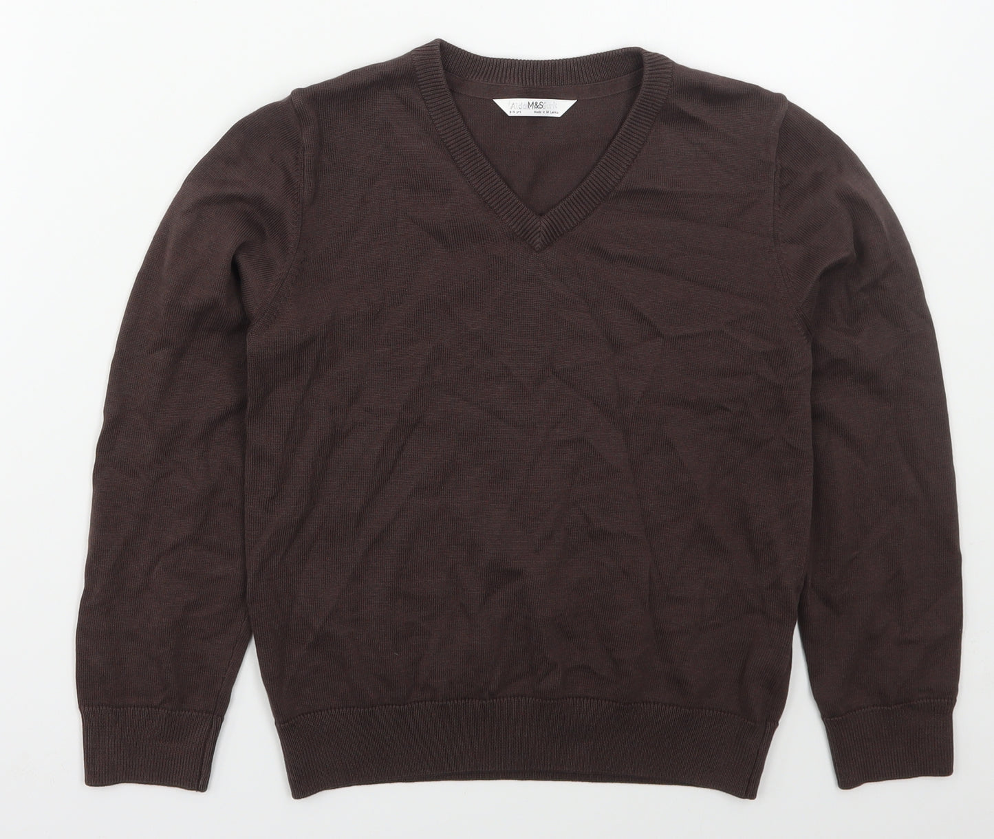 Marks and Spencer Boys Brown V-Neck  Cotton Pullover Jumper Size 8-9 Years  Pullover