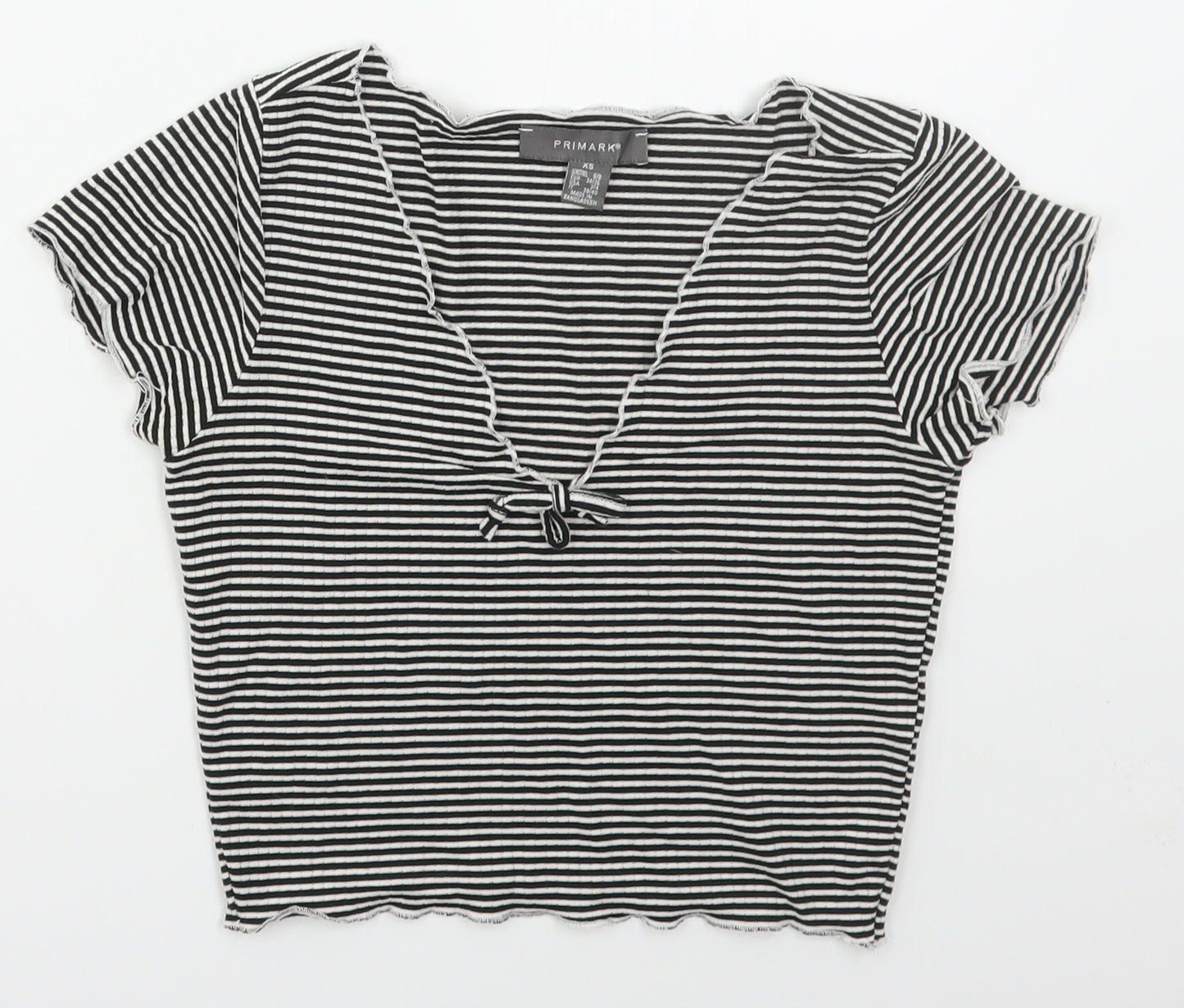 Primark Womens Black Striped Polyester Cropped T-Shirt Size 6 V-Neck - Black and White
