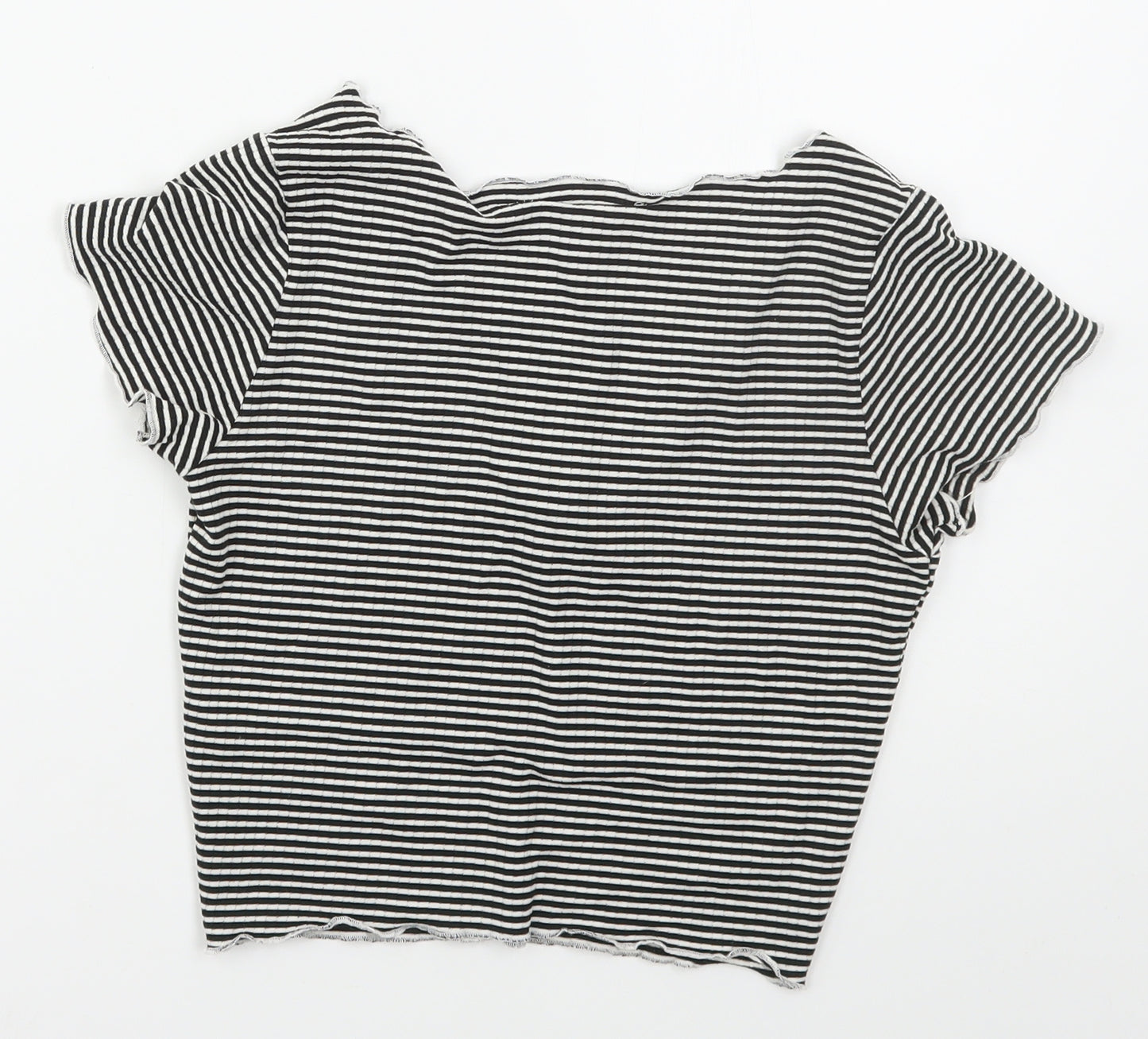 Primark Womens Black Striped Polyester Cropped T-Shirt Size 6 V-Neck - Black and White