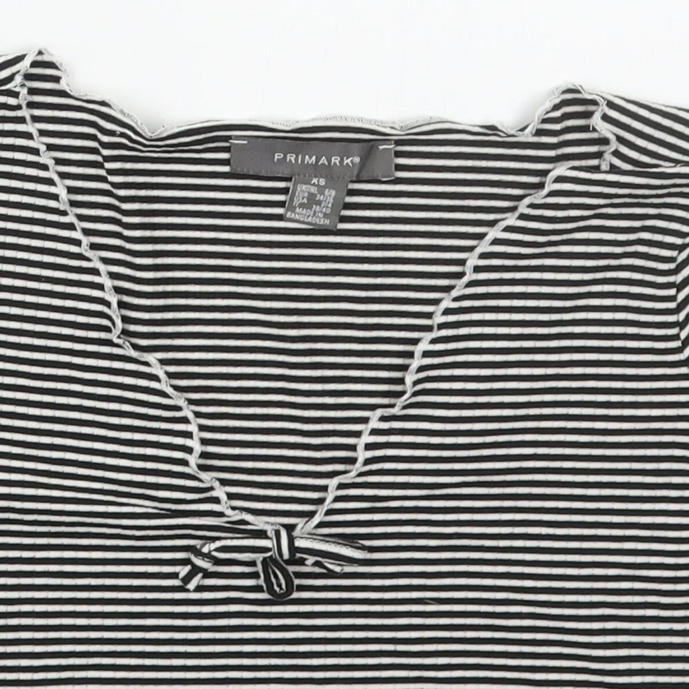 Primark Womens Black Striped Polyester Cropped T-Shirt Size 6 V-Neck - Black and White