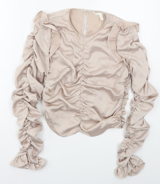 Front view of H&M women’s pink polyester basic blouse, size S, round neck