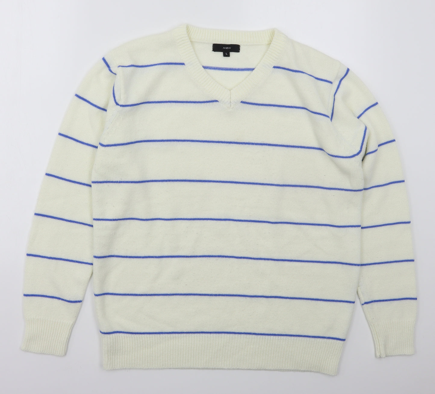 Mew Mens Ivory V-Neck Striped Acrylic Pullover Jumper Size L   - Blue
