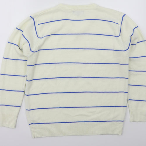Mew Mens Ivory V-Neck Striped Acrylic Pullover Jumper Size L   - Blue