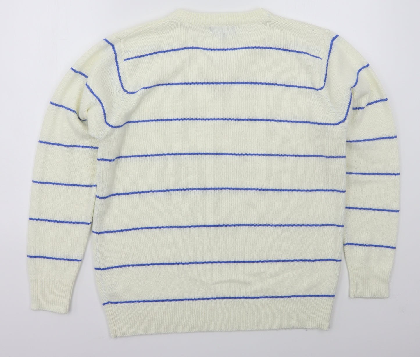 Mew Mens Ivory V-Neck Striped Acrylic Pullover Jumper Size L   - Blue