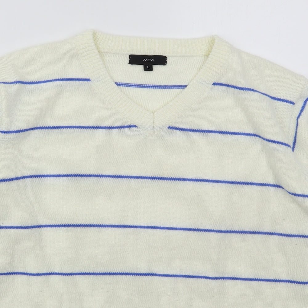 Mew Mens Ivory V-Neck Striped Acrylic Pullover Jumper Size L   - Blue