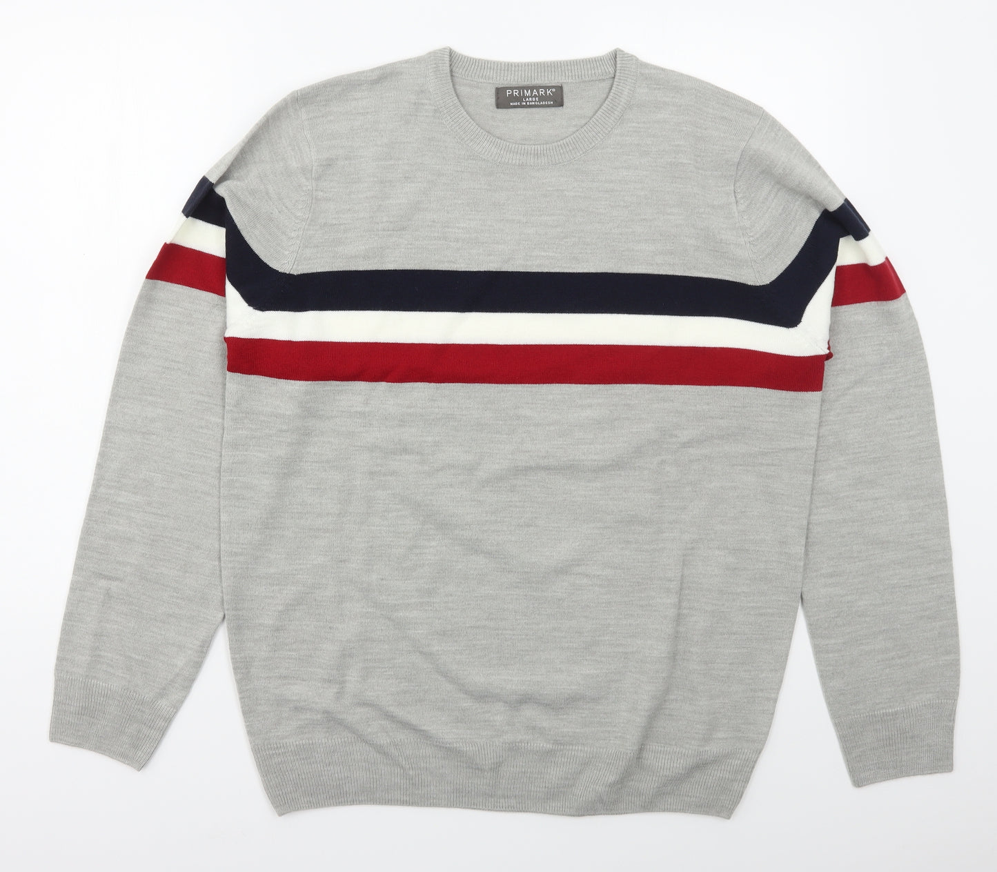 Primark Mens Grey Crew Neck Striped Acrylic Pullover Jumper Size L