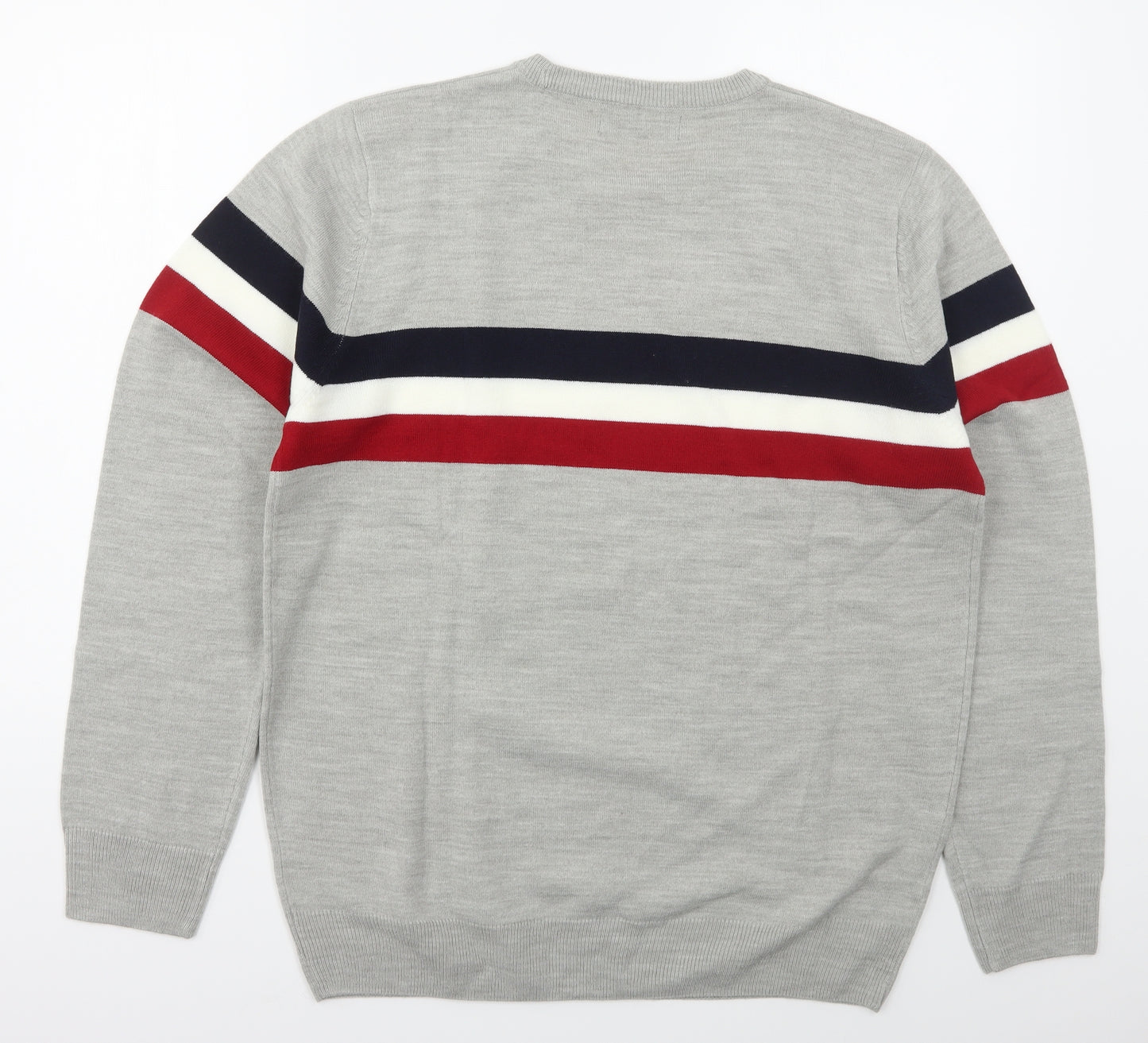 Primark Mens Grey Crew Neck Striped Acrylic Pullover Jumper Size L