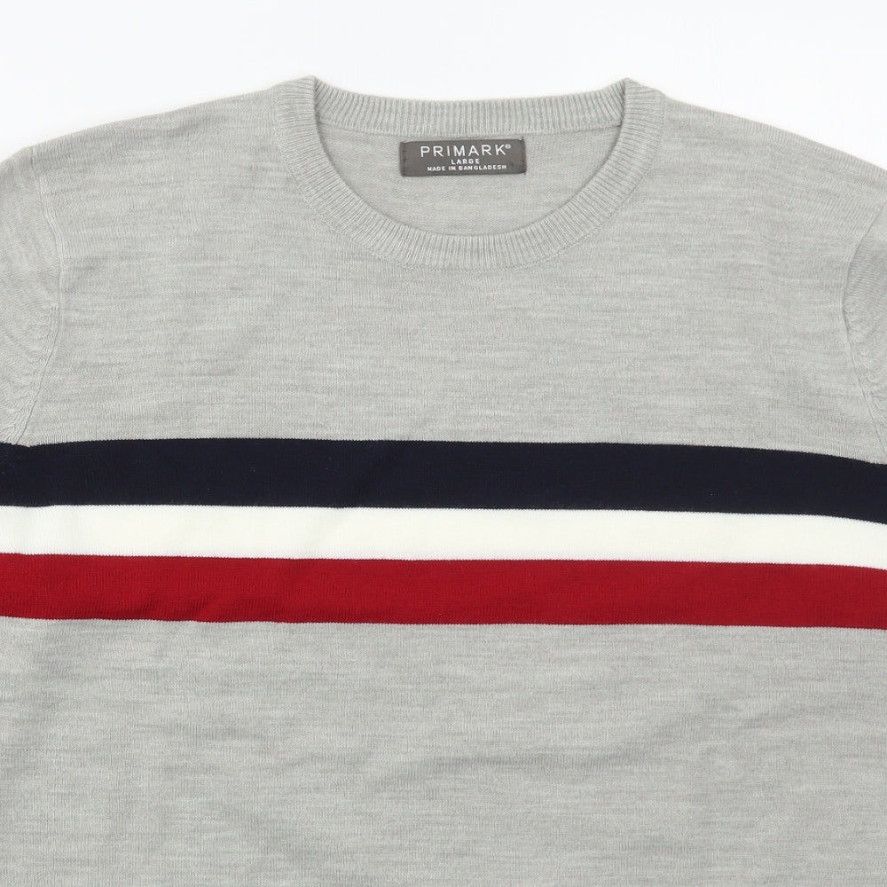 Primark Mens Grey Crew Neck Striped Acrylic Pullover Jumper Size L
