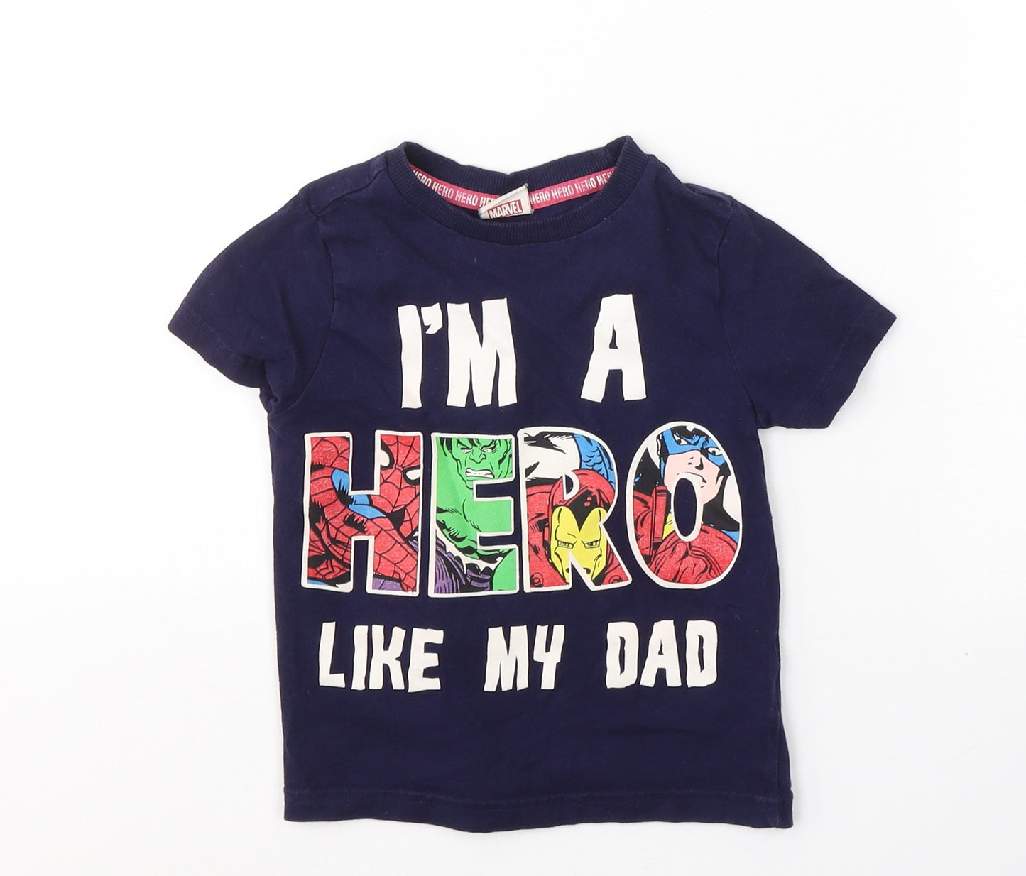 Marvel Boys Blue  Cotton Pullover T-Shirt Size 2-3 Years Round Neck Pullover - Hero like Dad