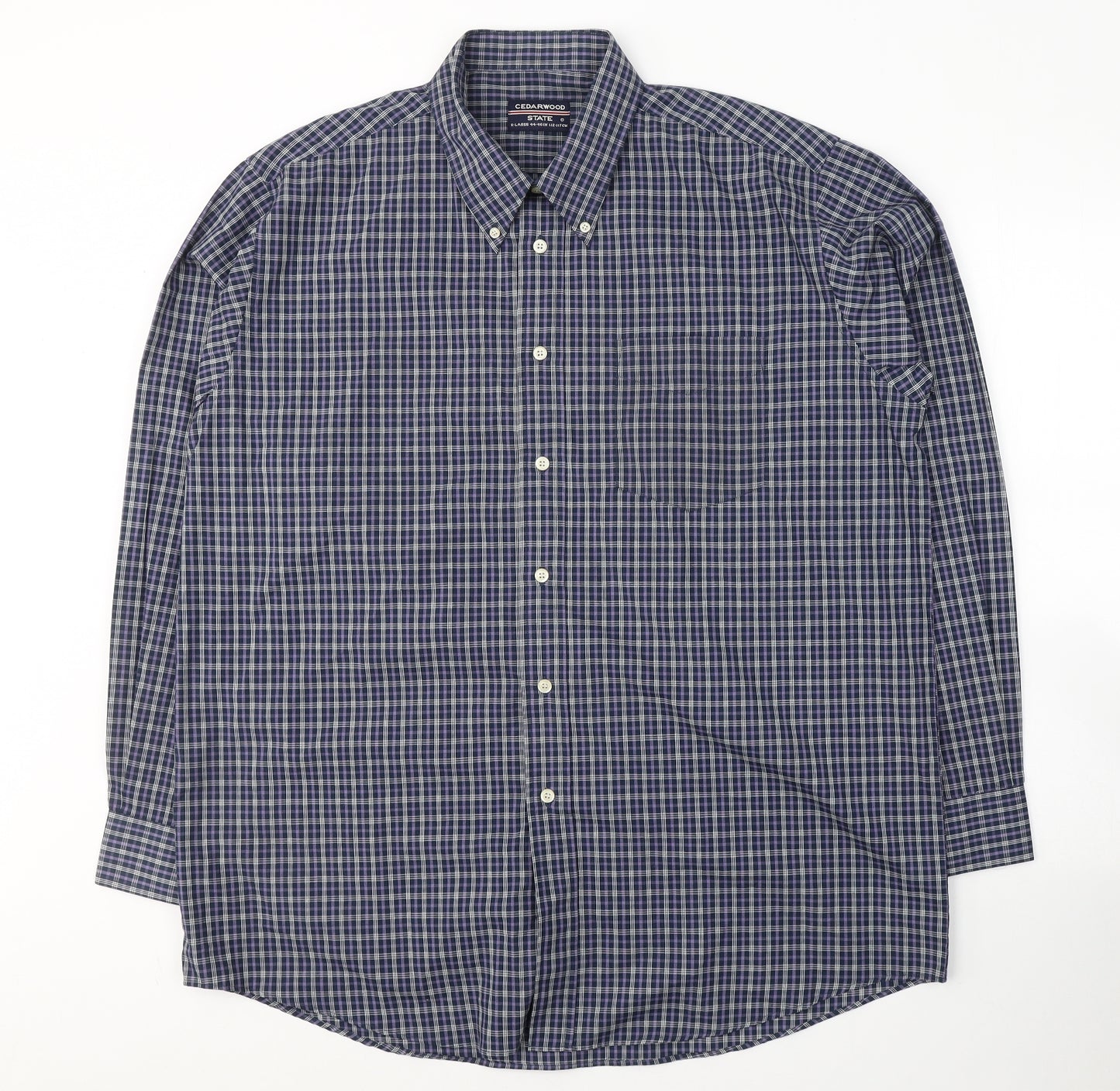 Cedar Wood State Mens Blue Plaid Polyester  Button-Up Size XL Collared Button
