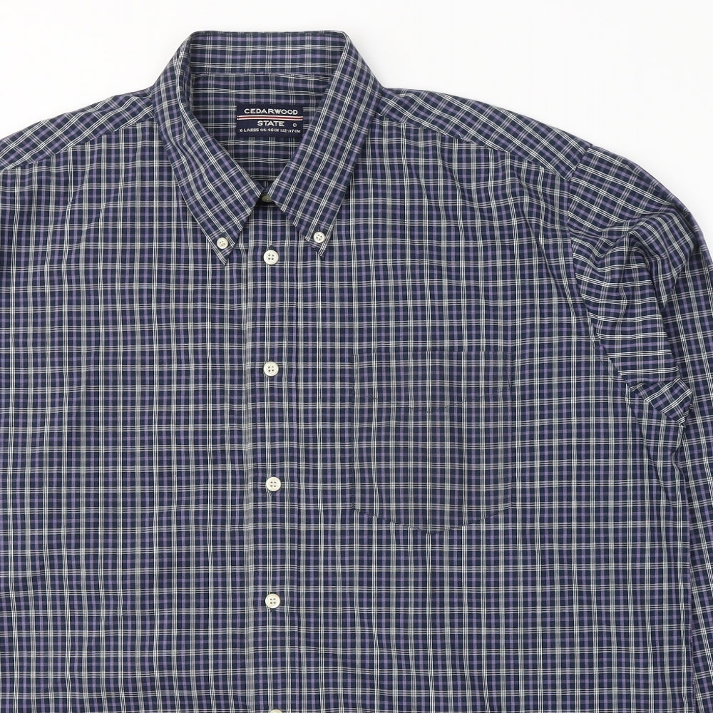 Cedar Wood State Mens Blue Plaid Polyester  Button-Up Size XL Collared Button