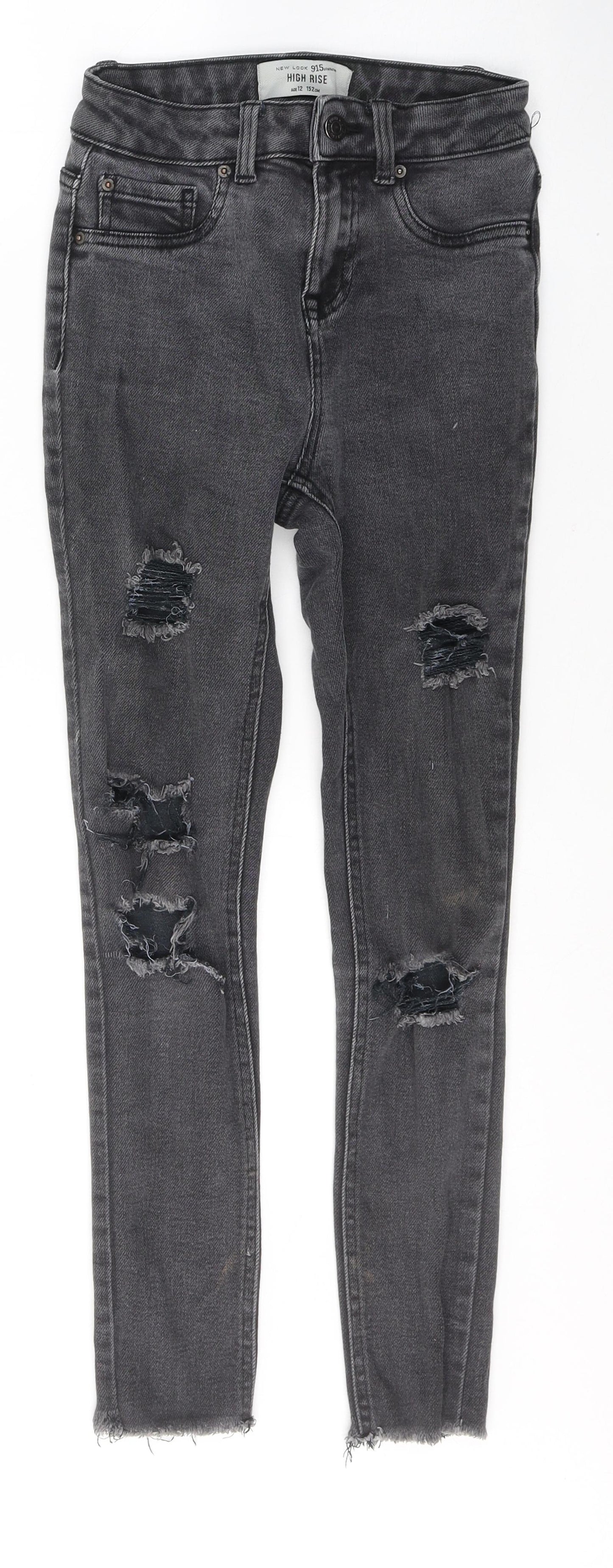 New Look Girls Black  Cotton Skinny Jeans Size 12 Years  Regular Button - ripped detail