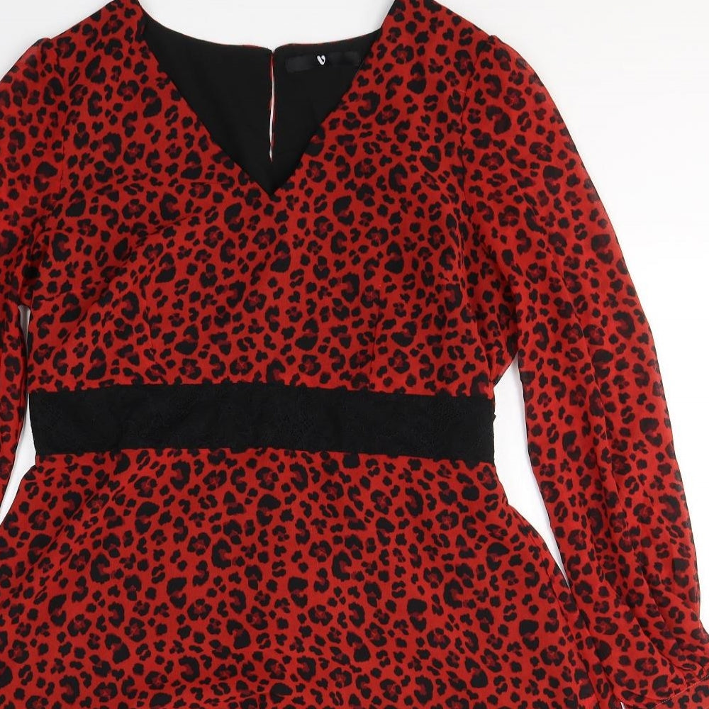 VERY  Womens Red Animal Print Polyester A-Line  Size 14  V-Neck Button