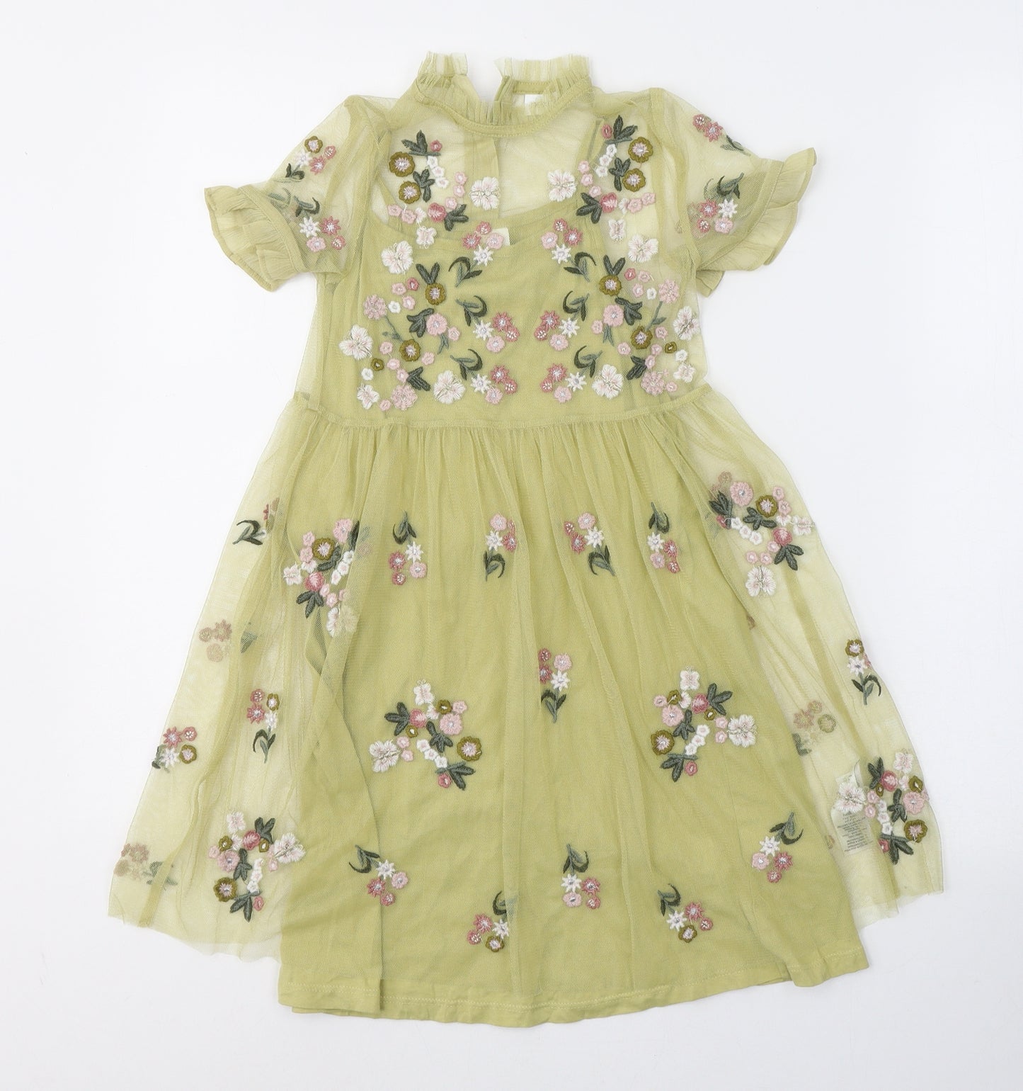 NEXT Girls Green Floral Polyester Fit & Flare  Size 7 Years  Round Neck Button