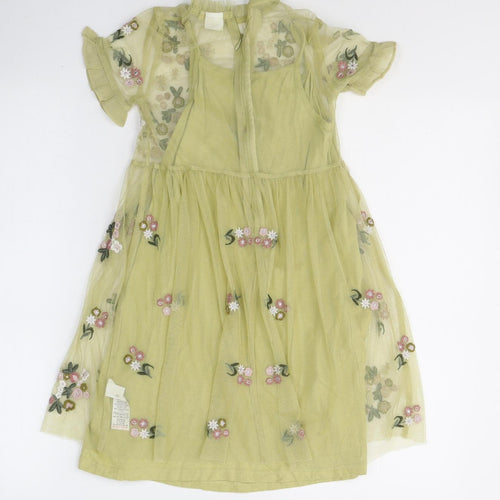 NEXT Girls Green Floral Polyester Fit & Flare  Size 7 Years  Round Neck Button