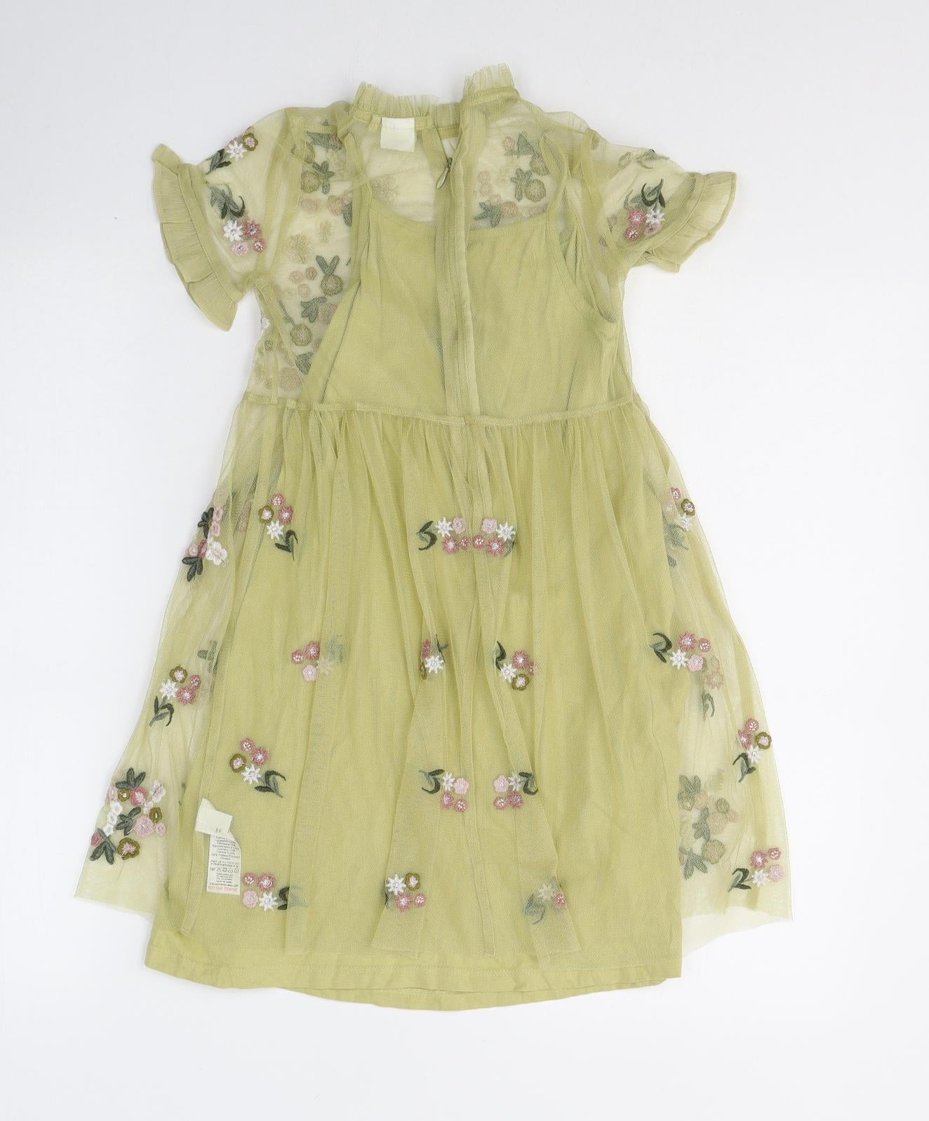 NEXT Girls Green Floral Polyester Fit & Flare  Size 7 Years  Round Neck Button