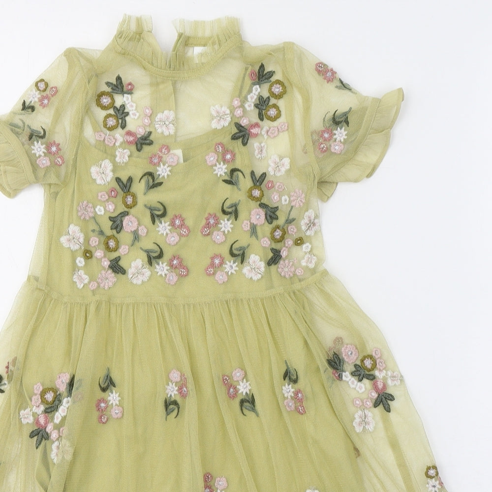 NEXT Girls Green Floral Polyester Fit & Flare  Size 7 Years  Round Neck Button