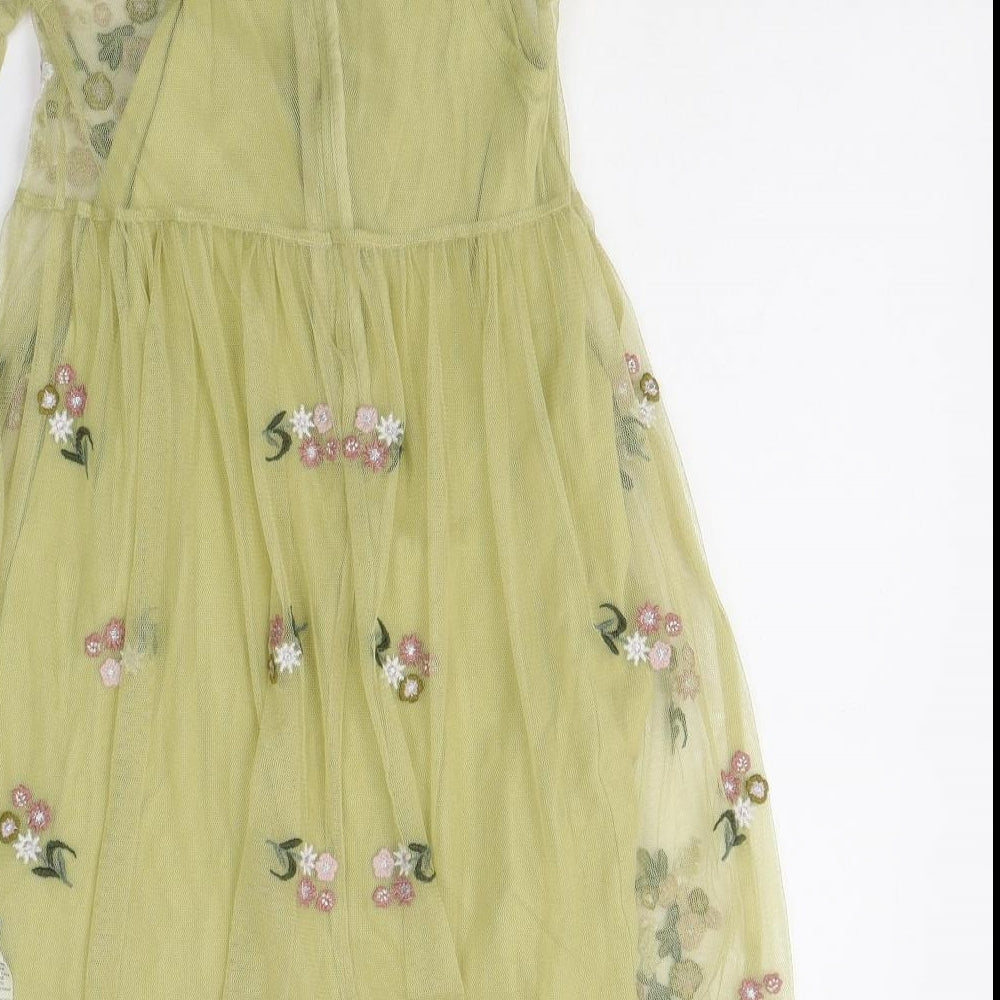 NEXT Girls Green Floral Polyester Fit & Flare  Size 7 Years  Round Neck Button