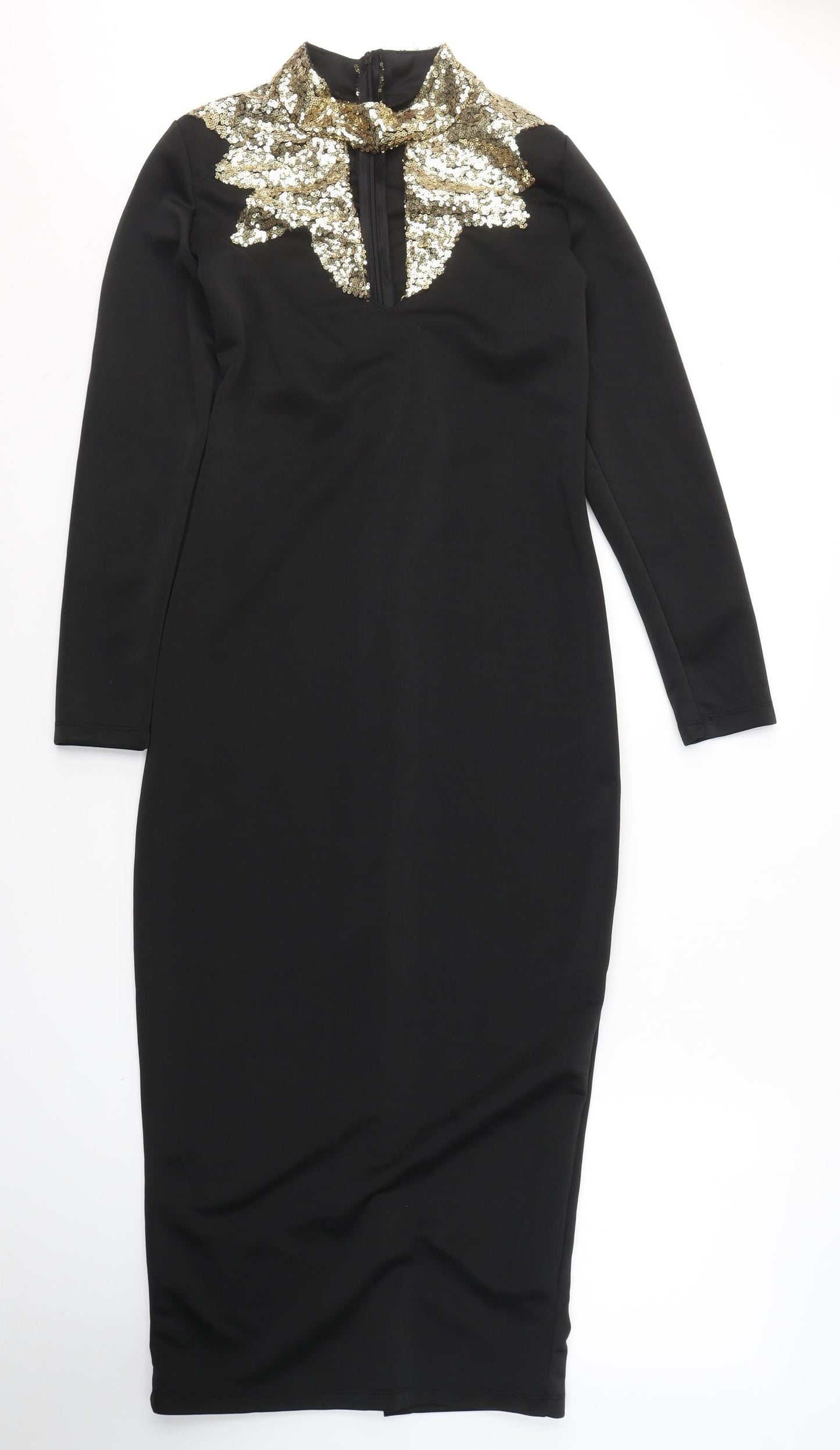 Preworn Womens Black  Polyester Pencil Dress  Size L  Round Neck Zip