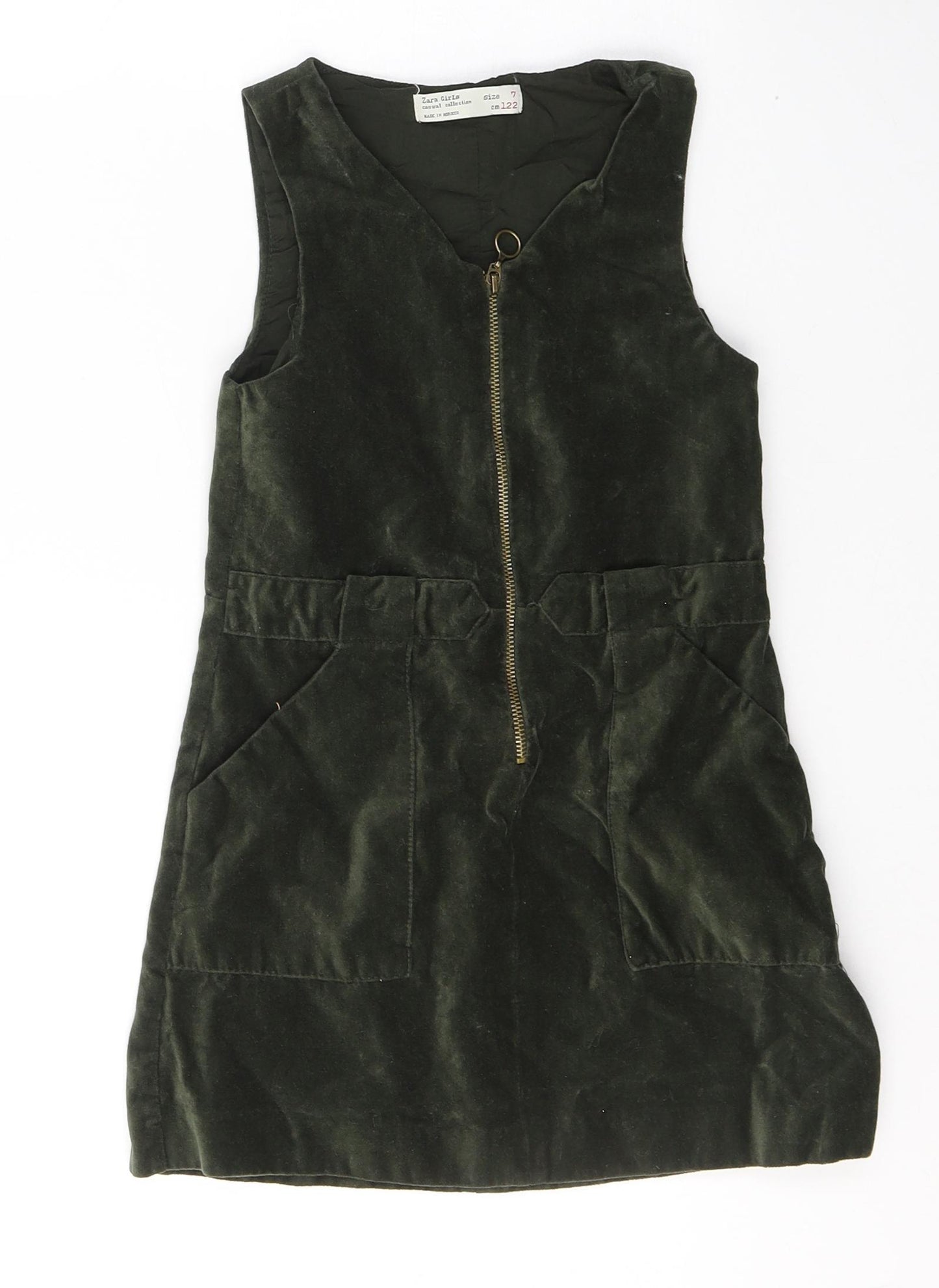 Zara Girls Green  Cotton Tank Dress  Size 7 Years  Round Neck Zip