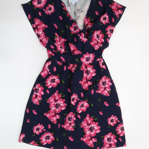 BLUE VANILLA Womens Blue Floral Polyester Fit & Flare  Size 8  V-Neck Pullover