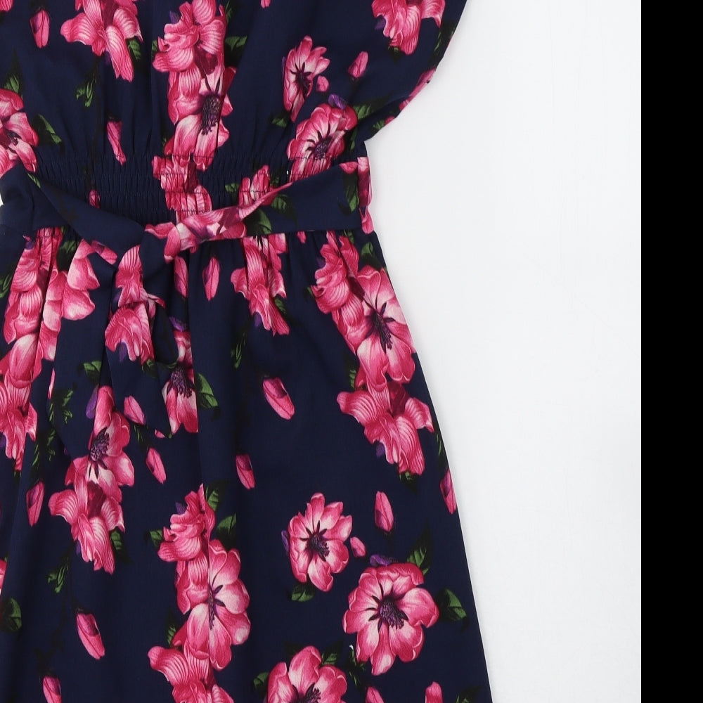 BLUE VANILLA Womens Blue Floral Polyester Fit & Flare  Size 8  V-Neck Pullover