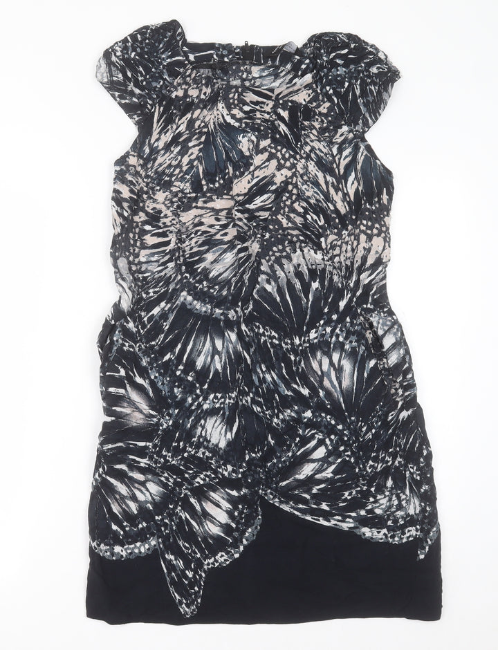 Dorothy Perkins Womens Black Geometric Viscose A-Line Size 12 Crew Neck Zip